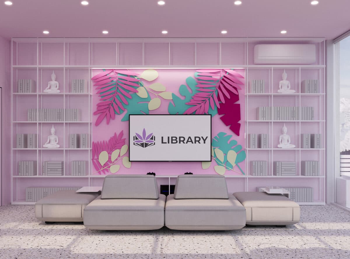 Library lounge area with bookshelves